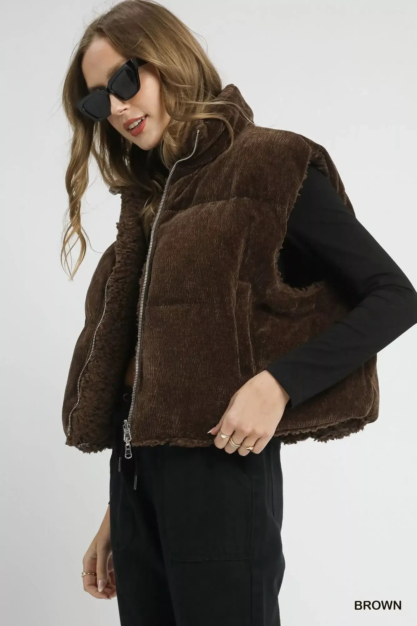 Umgee Sherpa-Lined Zip Vest with Drawstring Hem - Trendsi - Flyclothing LLC