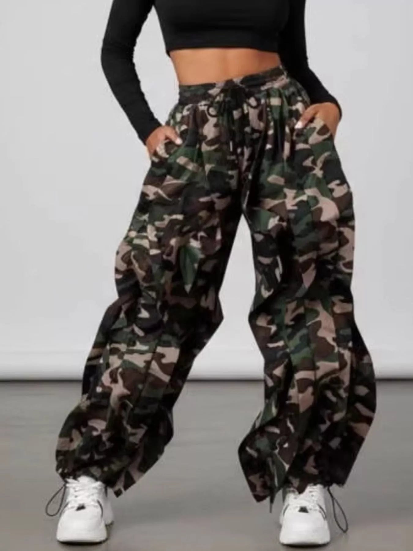 Printed Cargo Pants with Drawstring Waist - Trendsi - Flyclothing LLC