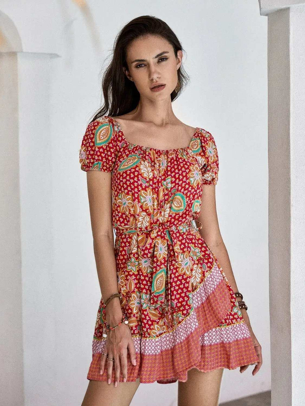 Printed Short Sleeve Tie Waist Mini Dress - Trendsi - Flyclothing LLC
