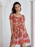 Printed Short Sleeve Tie Waist Mini Dress - Trendsi - Flyclothing LLC