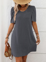 Textured Round Neck Short Sleeve Mini Dress - Trendsi - Flyclothing LLC