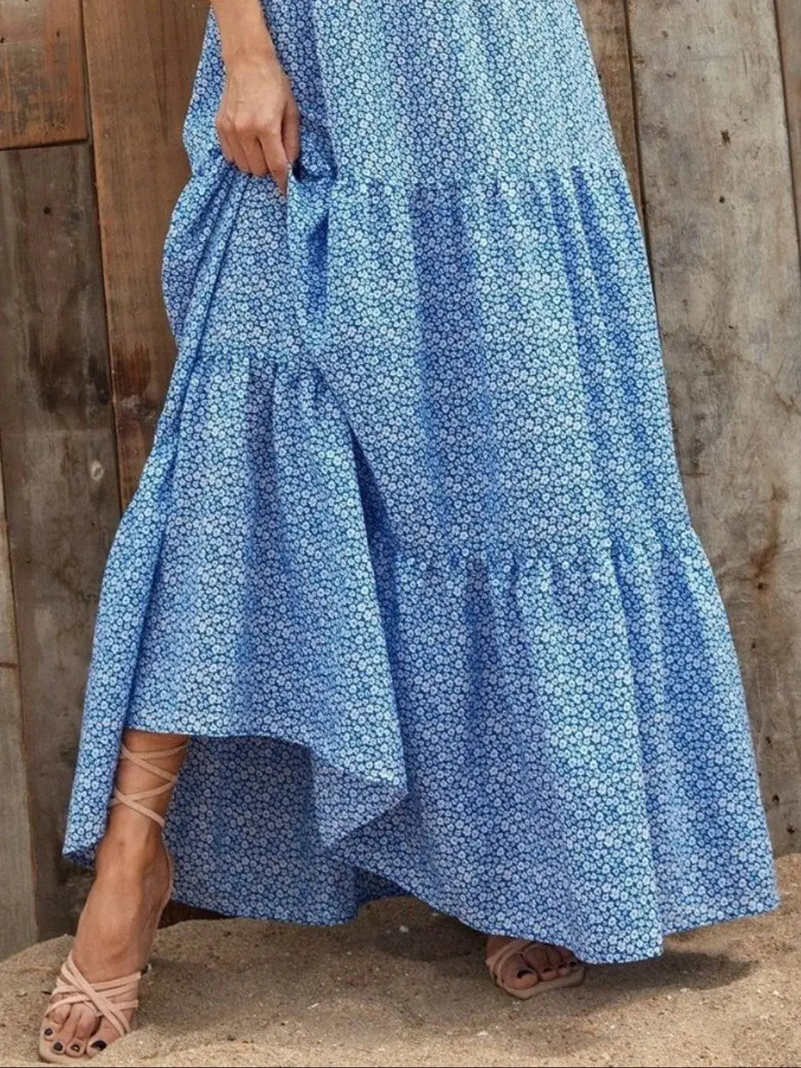 Printed V-Neck Ruffled Cap Sleeve Maxi Dress - Trendsi - Flyclothing LLC