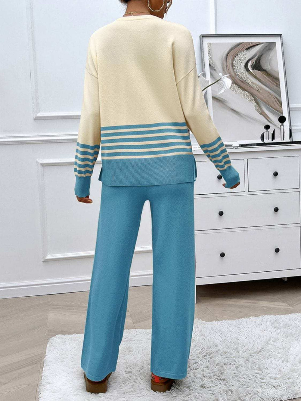 Devine Slit Striped Round Neck Top and Pants Sweater Set - Trendsi - Flyclothing LLC