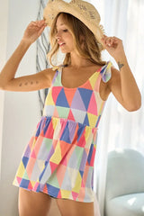 BiBi Multi Color Block Brushed Tied Ribbon Shoulder Top - Trendsi - Flyclothing LLC