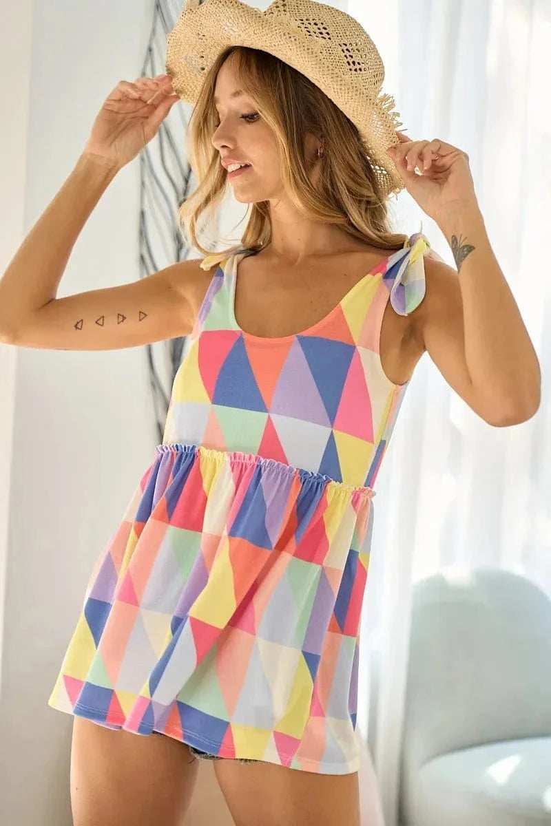 BiBi Multi Color Block Brushed Tied Ribbon Shoulder Top - Trendsi - Flyclothing LLC