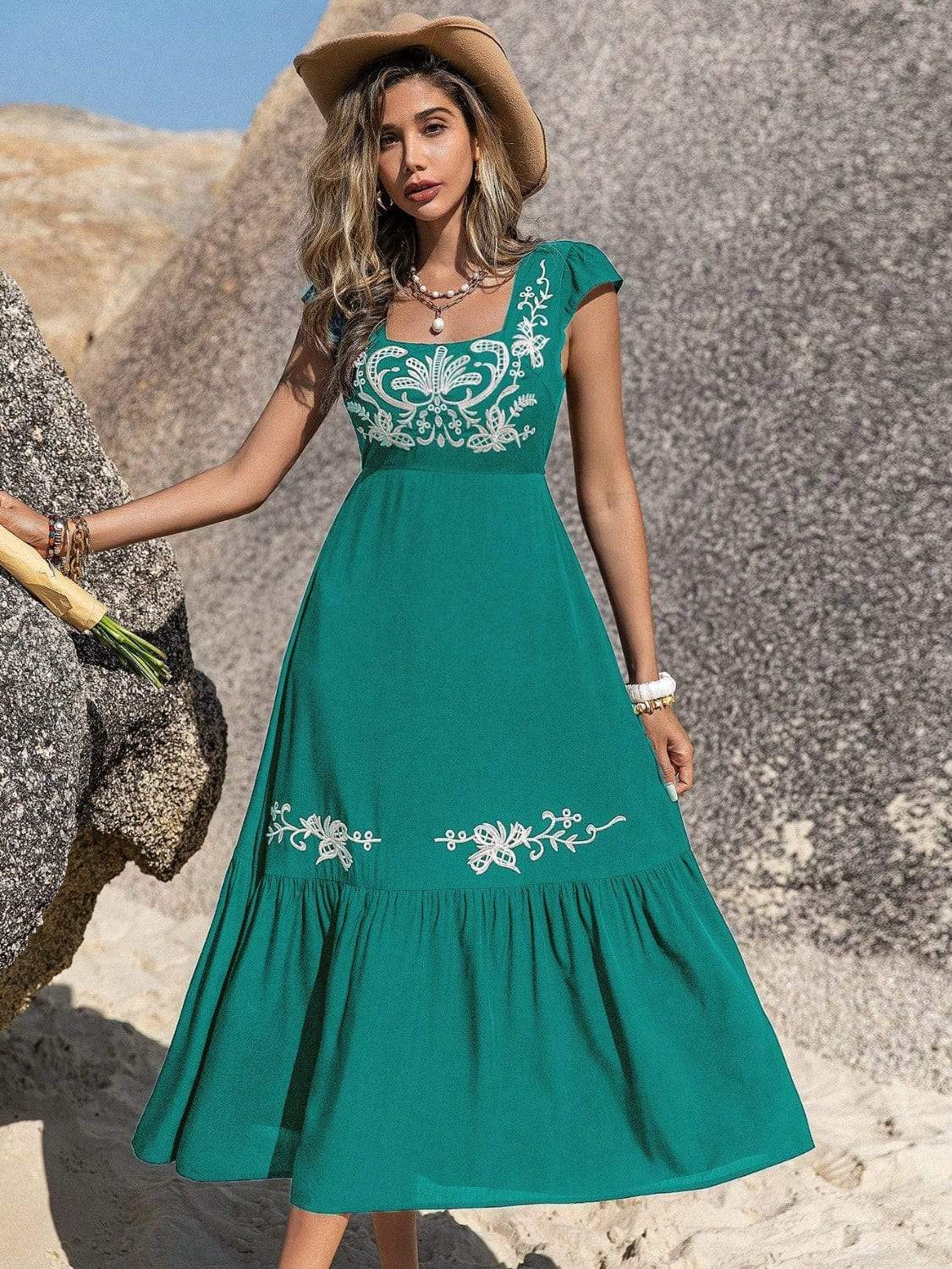Embroidered Square Neck Cap Sleeve Dress - Trendsi - Flyclothing LLC