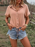 Drawstring Button Up Short Sleeve Blouse - Trendsi - Flyclothing LLC