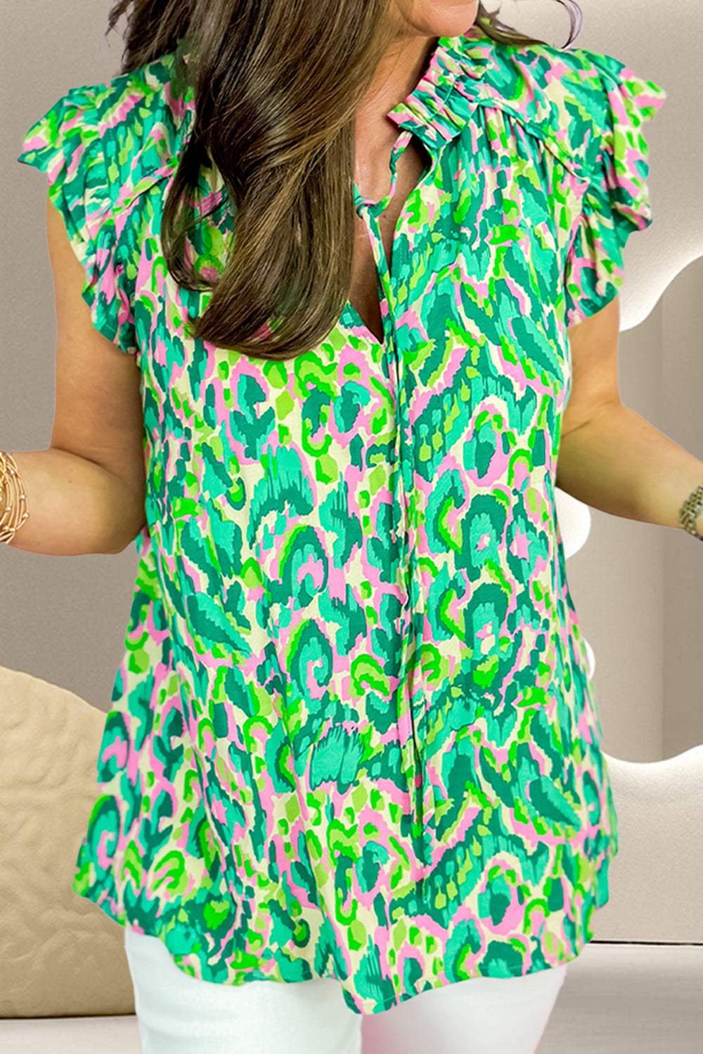 Ruffled Printed Tie Neck Cap Sleeve Blouse - Trendsi - Flyclothing LLC