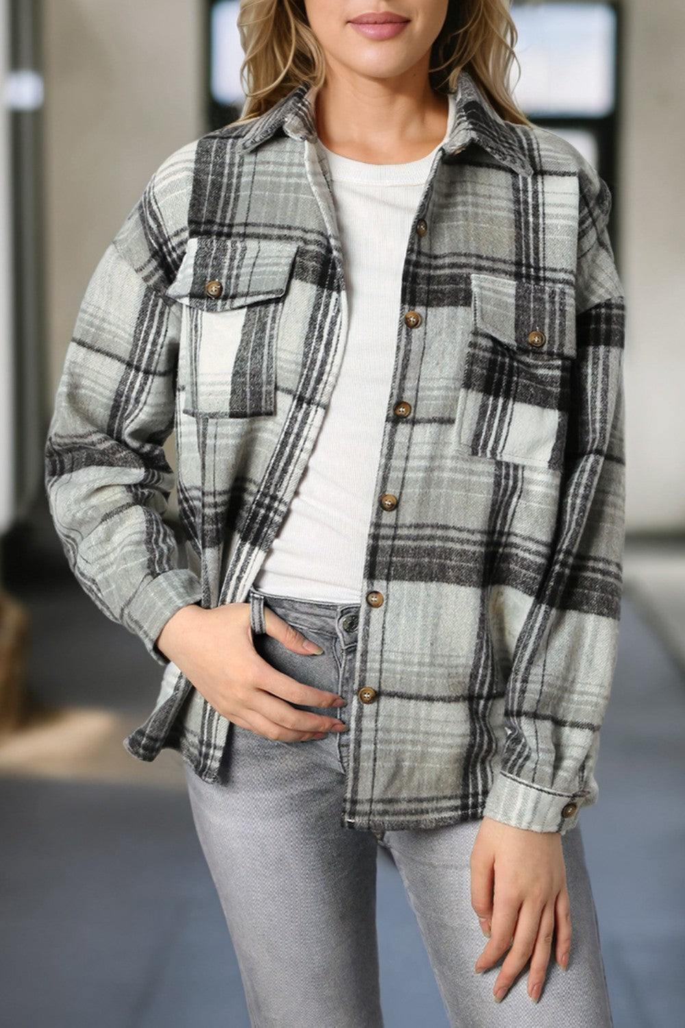 Plaid Dropped Shoulder Shacket - Trendsi