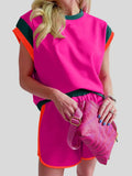 Contrast Round Neck Top and Shorts Set - Trendsi