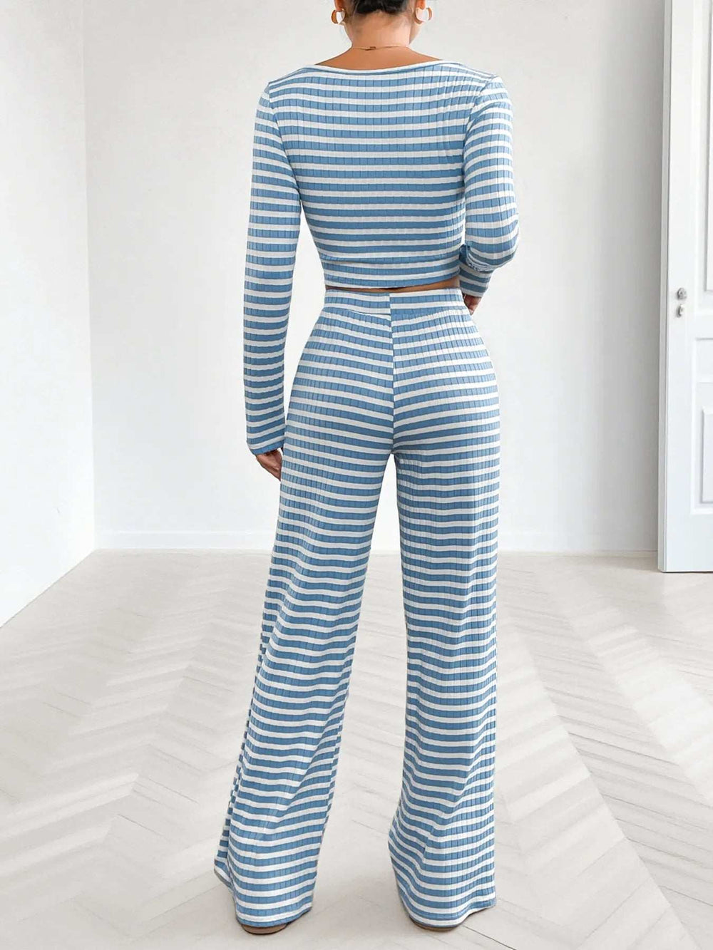 Striped Square Neck Long Sleeve Top and Pants Lounge Set - Trendsi - Flyclothing LLC