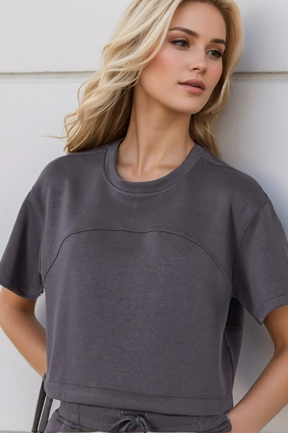 Basic Bae Drawstring Hem Air Scuba Round Neck Short Sleeve T-Shirt - ShopBasicbae - Flyclothing LLC