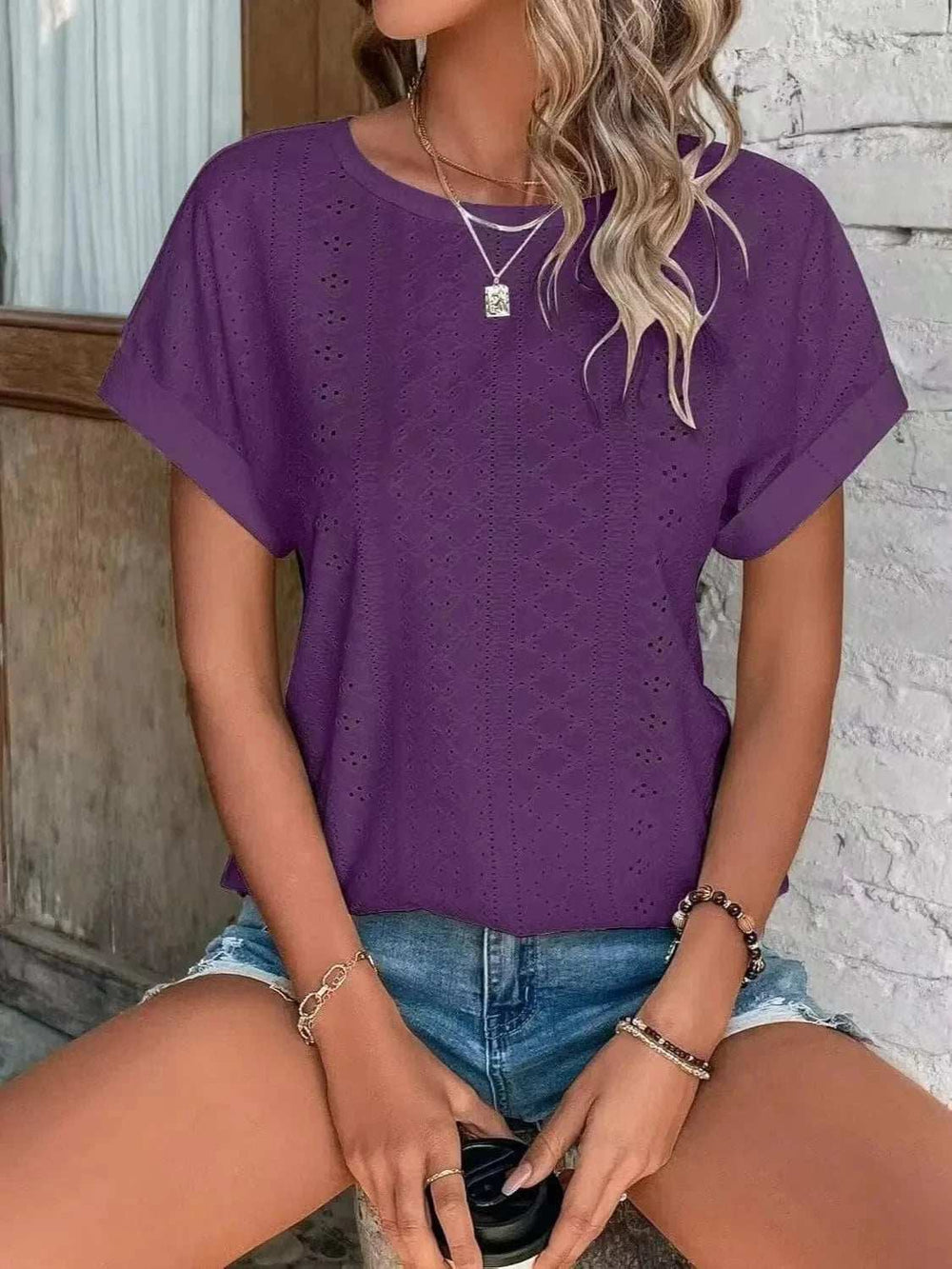 Eyelet Round Neck Short Sleeve T-Shirt - Trendsi - Flyclothing LLC