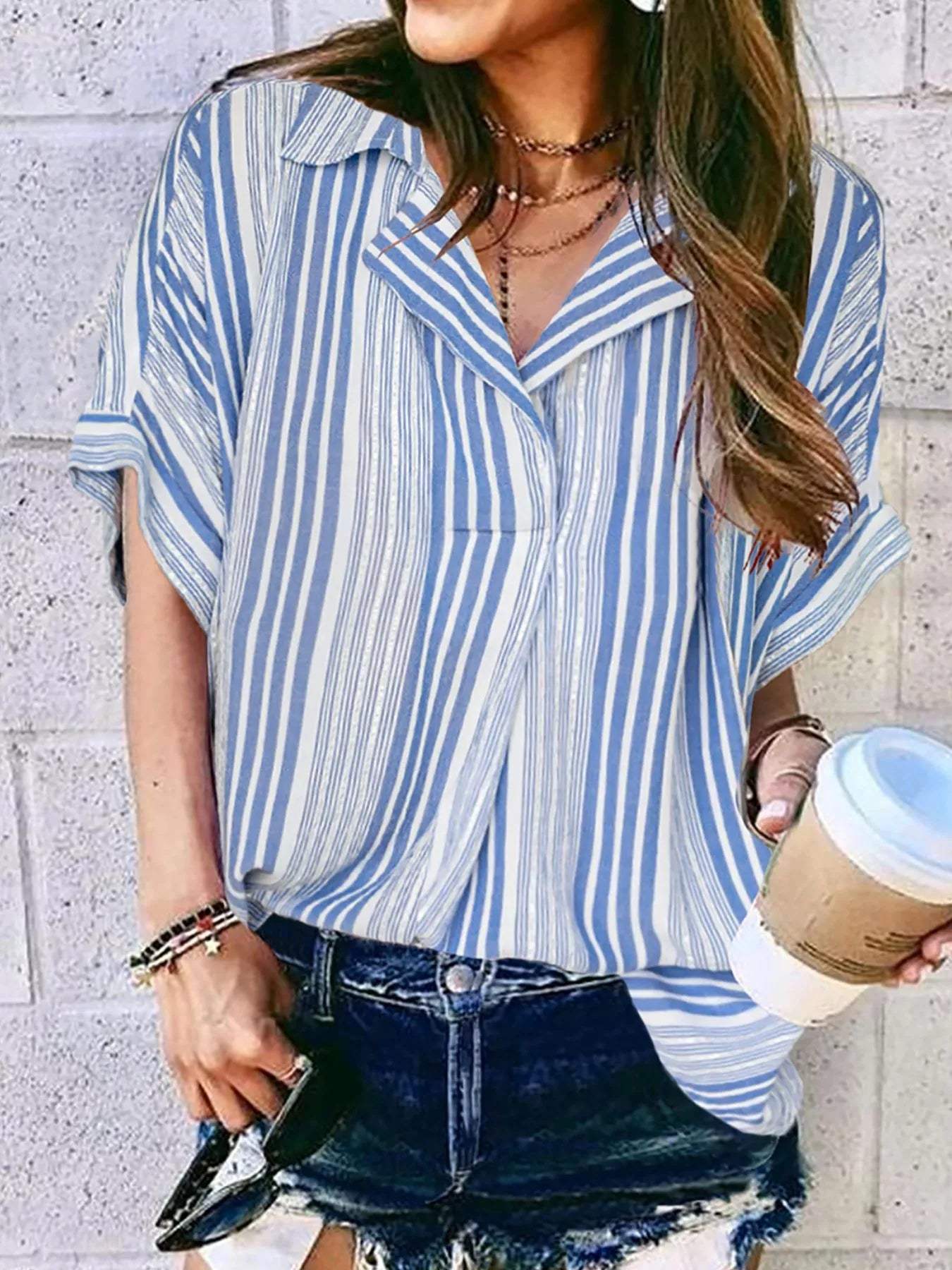 Full Size Collared Neck Half Sleeve Shirt Plus Size - Trendsi - Flyclothing LLC