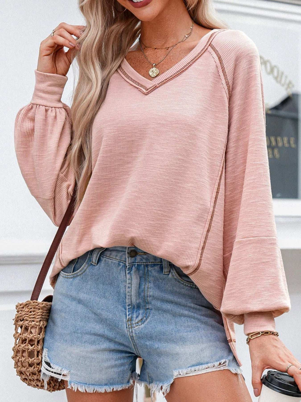 Exposed Seam Ribbed Knit V Neck Top - Trendsi - Flyclothing LLC