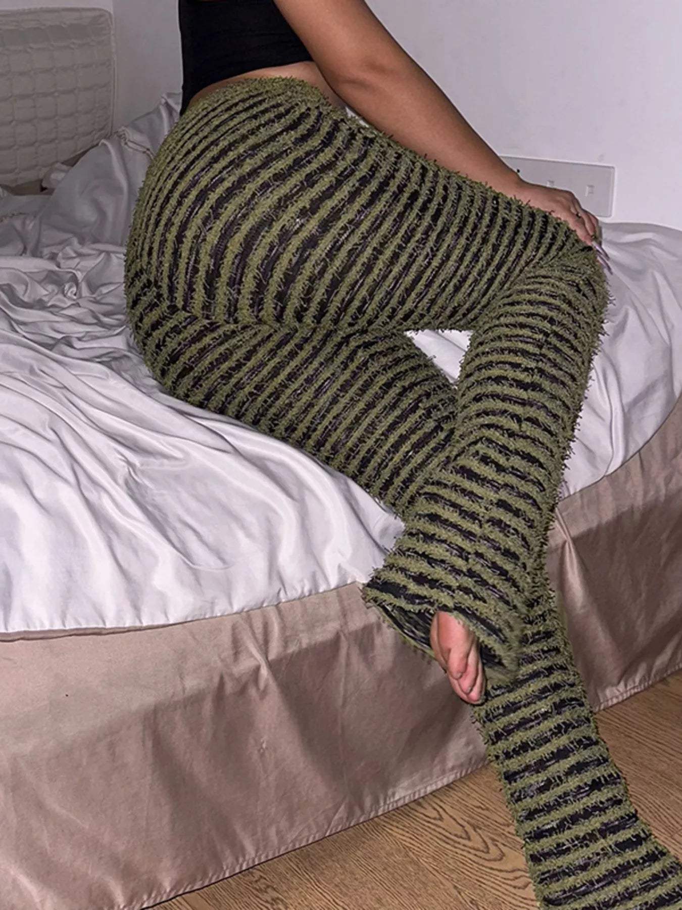 Striped Fuzzy Textured Knit Pants - Trendsi - Flyclothing LLC