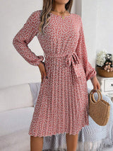 Ditsy Floral Tie Waist Pleated Dress - Trendsi - Flyclothing LLC