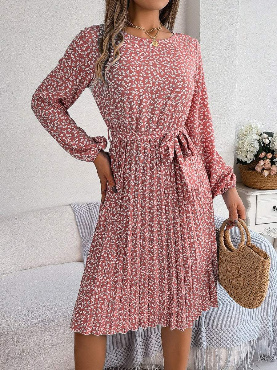 Ditsy Floral Tie Waist Pleated Dress - Trendsi - Flyclothing LLC