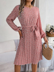 Ditsy Floral Tie Waist Pleated Dress - Trendsi