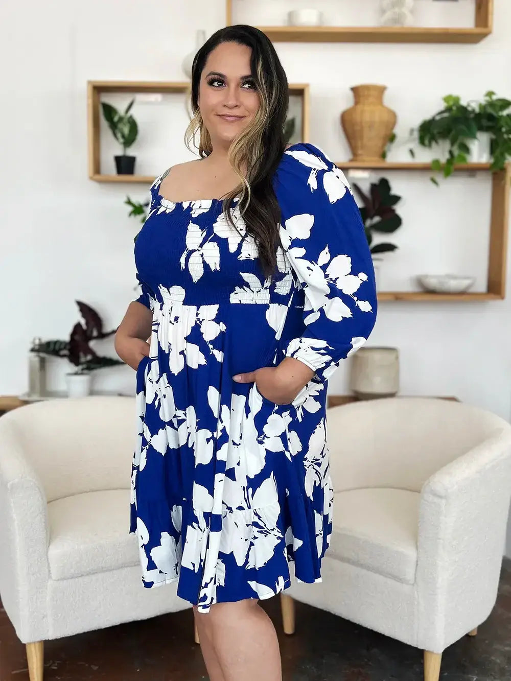 Double Take Full Size Floral Ruffle Hem Smocked Dress with Pockets - Trendsi - Flyclothing LLC