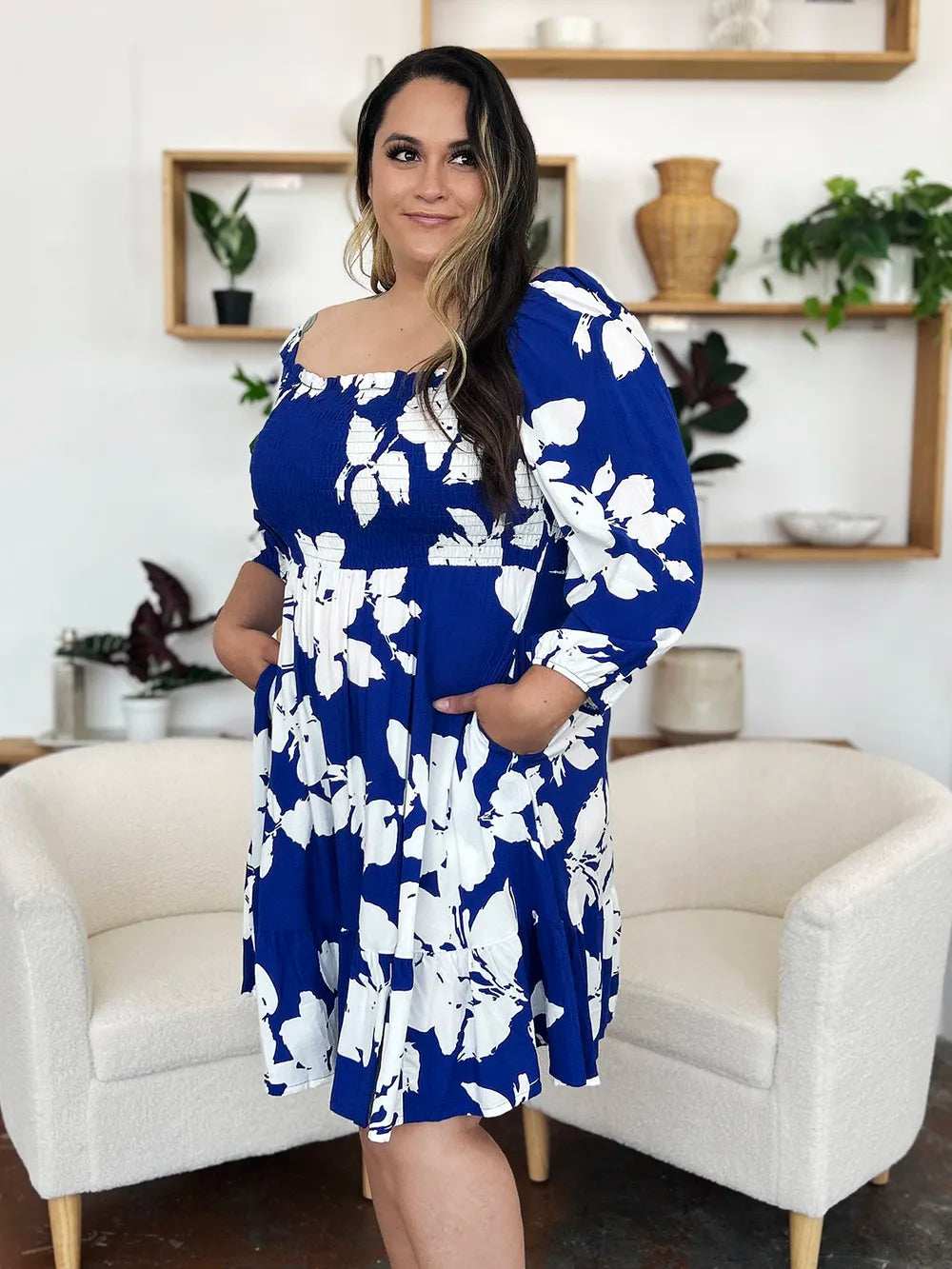 Double Take Full Size Floral Ruffle Hem Smocked Dress with Pockets - Trendsi - Flyclothing LLC