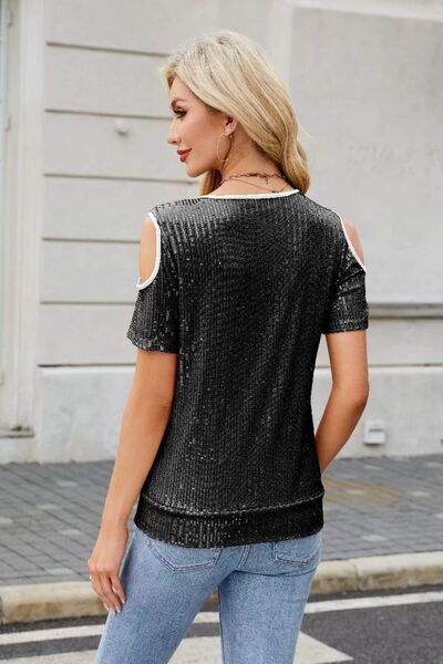 Sequin Crisscross V-Neck Cold Shoulder Blouse - Trendsi - Flyclothing LLC