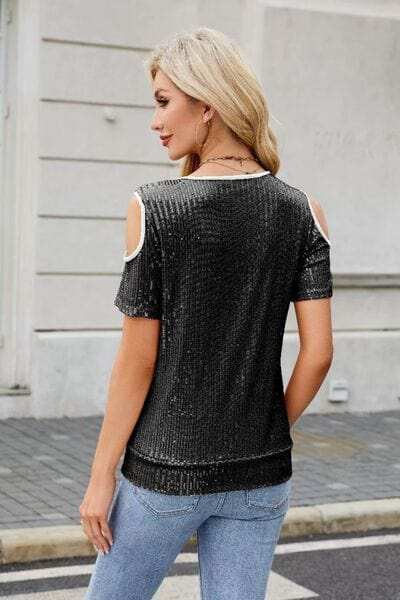 Sequin Crisscross V-Neck Cold Shoulder Blouse - Trendsi - Flyclothing LLC