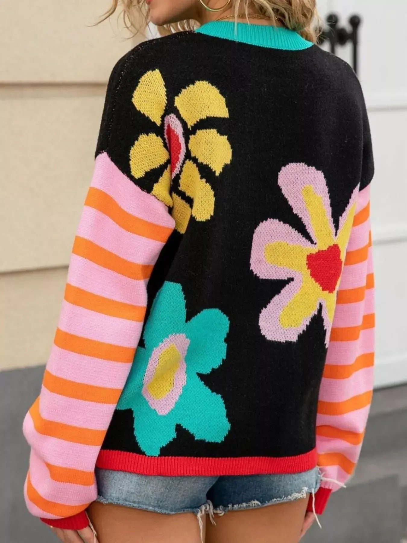 Floral Striped Crew Neck Sweater - Trendsi - Flyclothing LLC