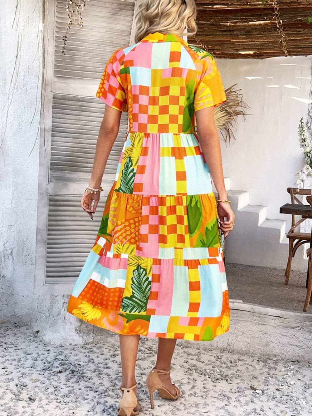 Devine Printed Johnny Collar Button Down Short Sleeve Midi Shirt Dress - Trendsi - Flyclothing LLC