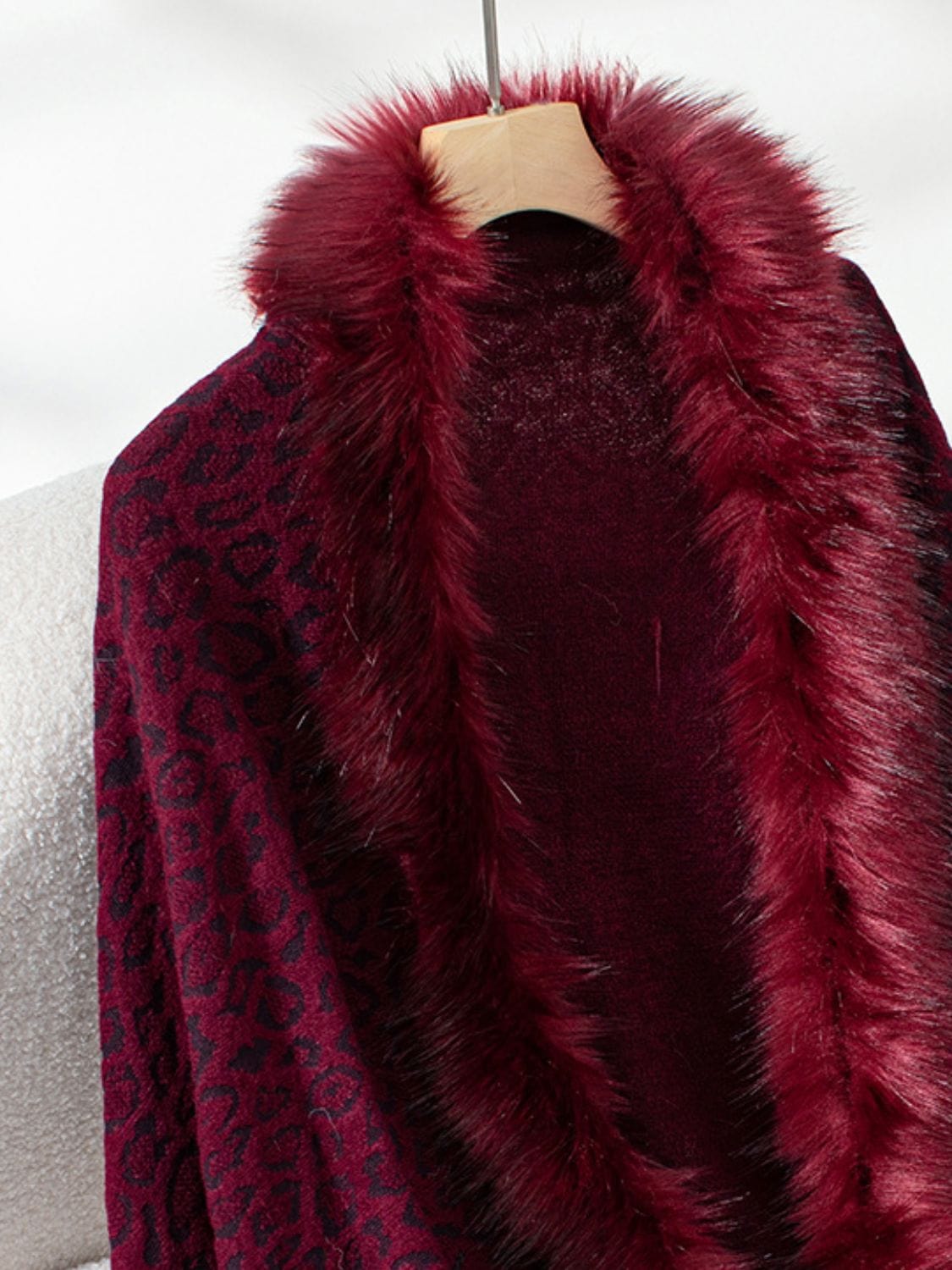 Fringe Leopard Open Front Long Sleeve Poncho - Trendsi