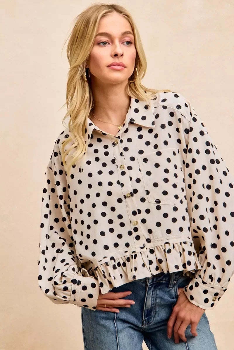 BiBi Crinkle Polka Dot Ruffled Hem Button Up Shirt Top - Trendsi - Flyclothing LLC