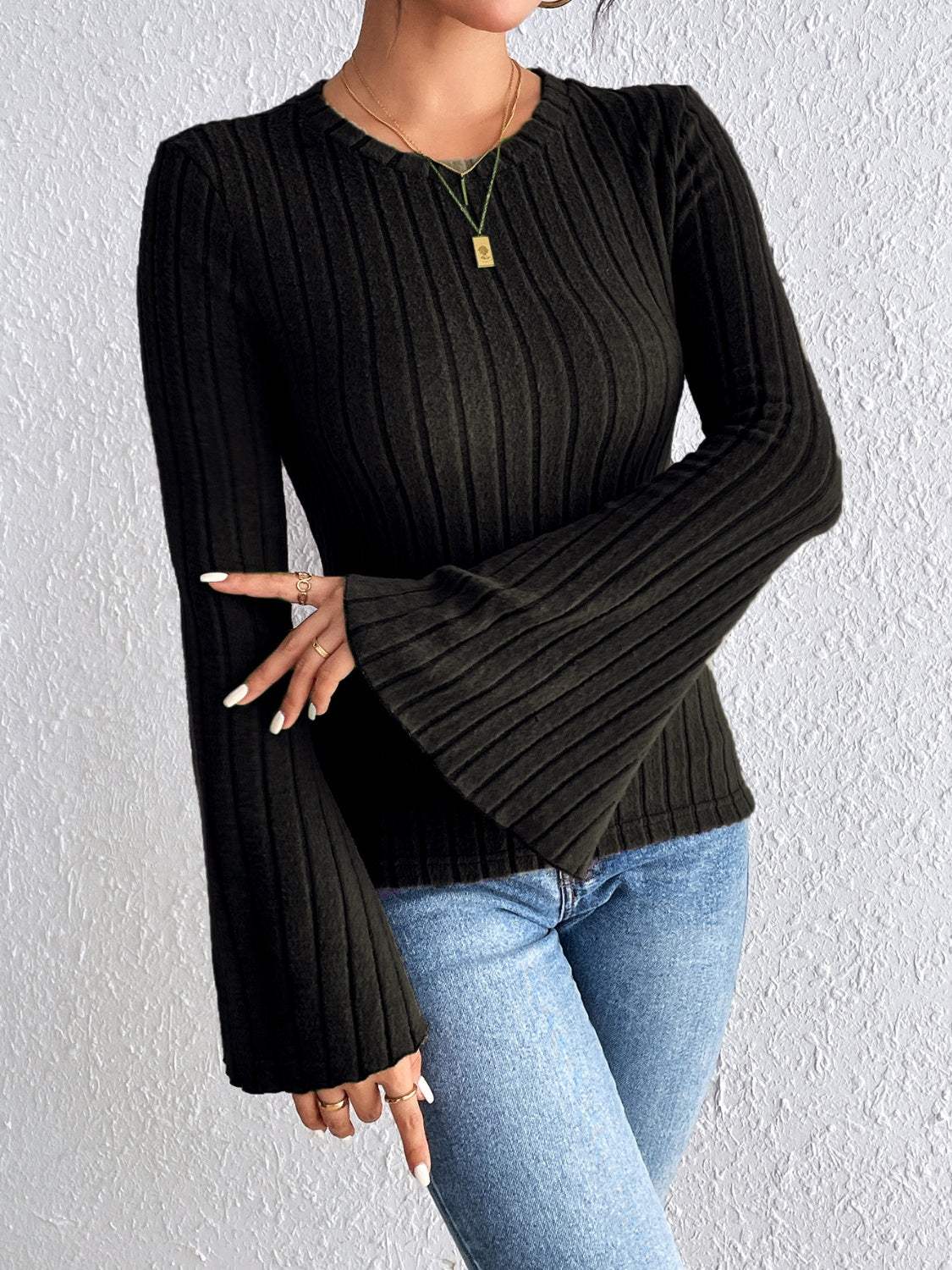 Round Neck Flare Sleeve T-Shirt - Trendsi - Flyclothing LLC