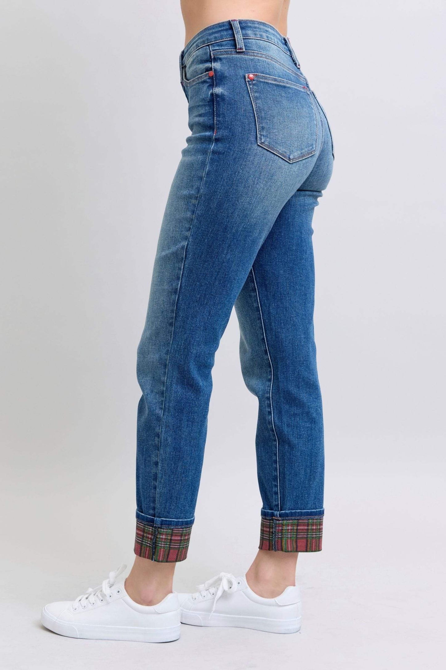 Judy Blue Full Size Plaid Print Cuff Straight Leg Jeans with Pockets - Trendsi - Flyclothing LLC