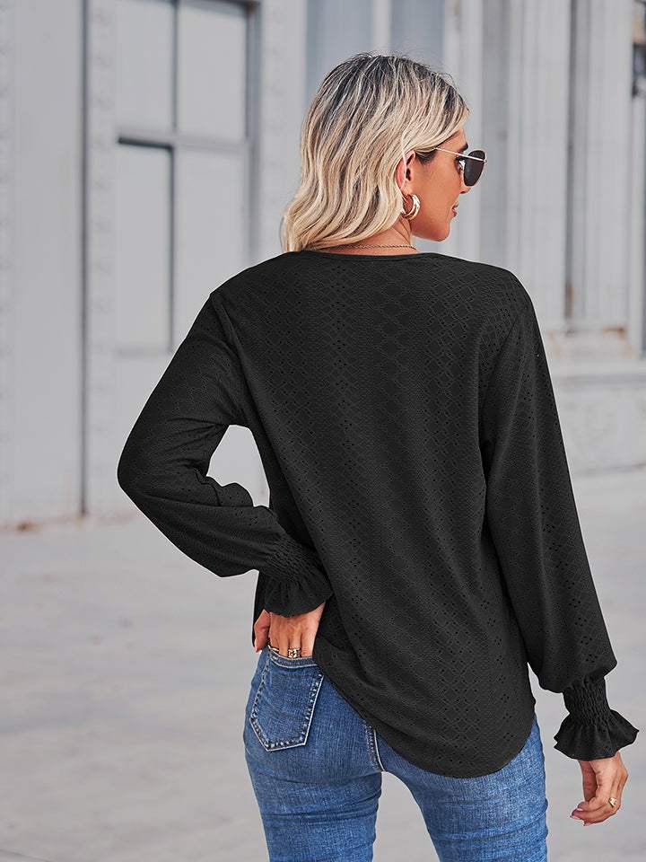 V-Neck Eyelet Flounce Sleeve Blouse - Trendsi - Flyclothing LLC