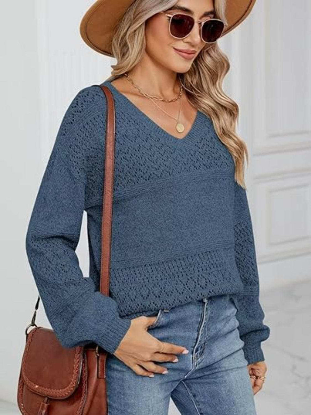 Eyelet V-Neck Long Sleeve Sweater - Trendsi - Flyclothing LLC