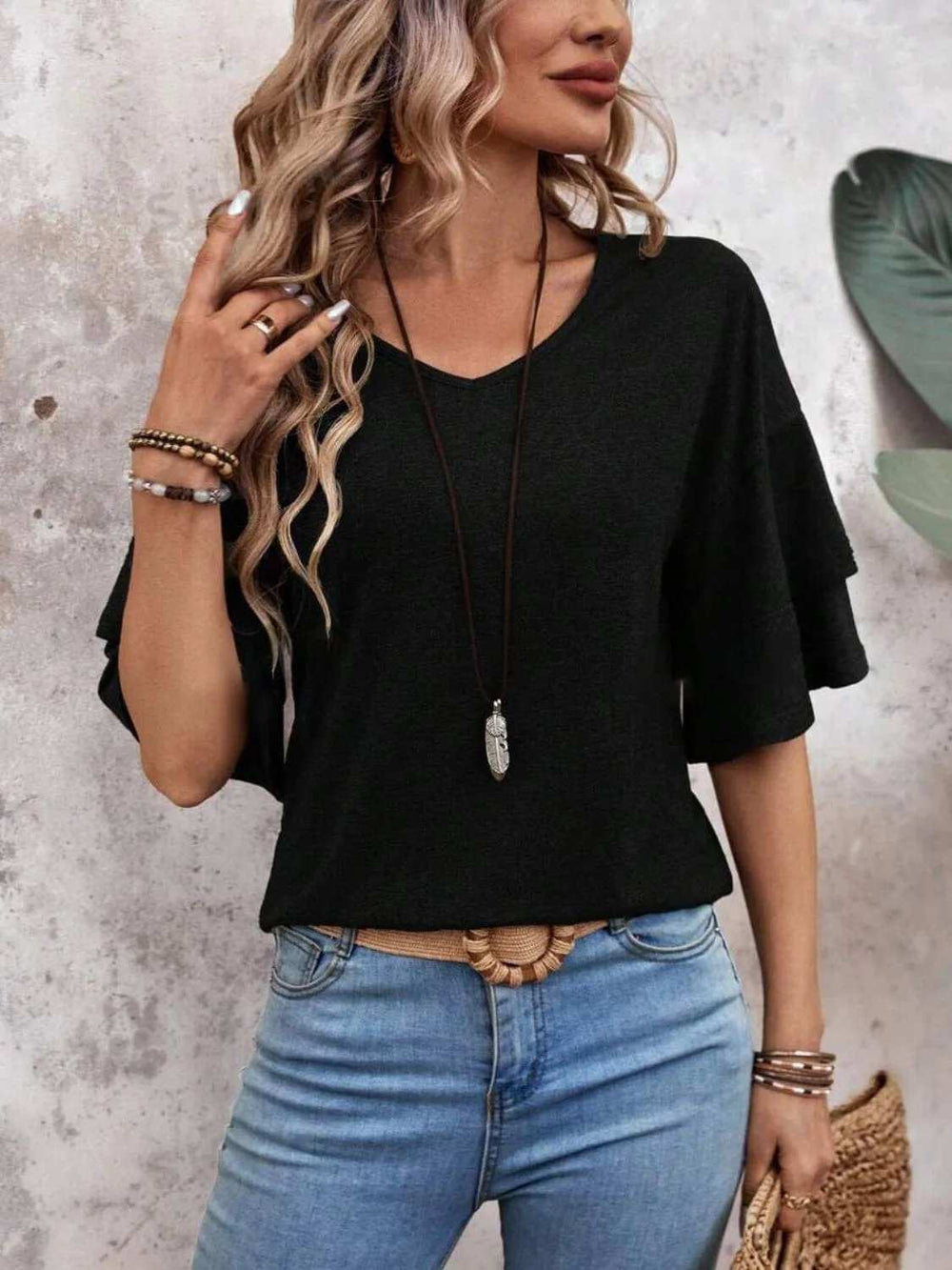 V-Neck Half Sleeve Blouse - Trendsi - Flyclothing LLC