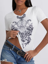 Graphic V-Neck Short Sleeve T-Shirt - Trendsi - Flyclothing LLC