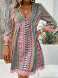 Lace Trim Printed V-Neck 3/4 Sleeve Dress - Trendsi - Flyclothing LLC