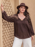 Plus Size Lace Detail Tie Neck Long Sleeve Blouse - Trendsi - Flyclothing LLC