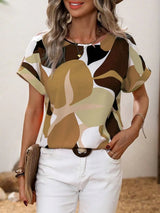 Contrast Round Neck Short Sleeve Blouse - Trendsi - Flyclothing LLC