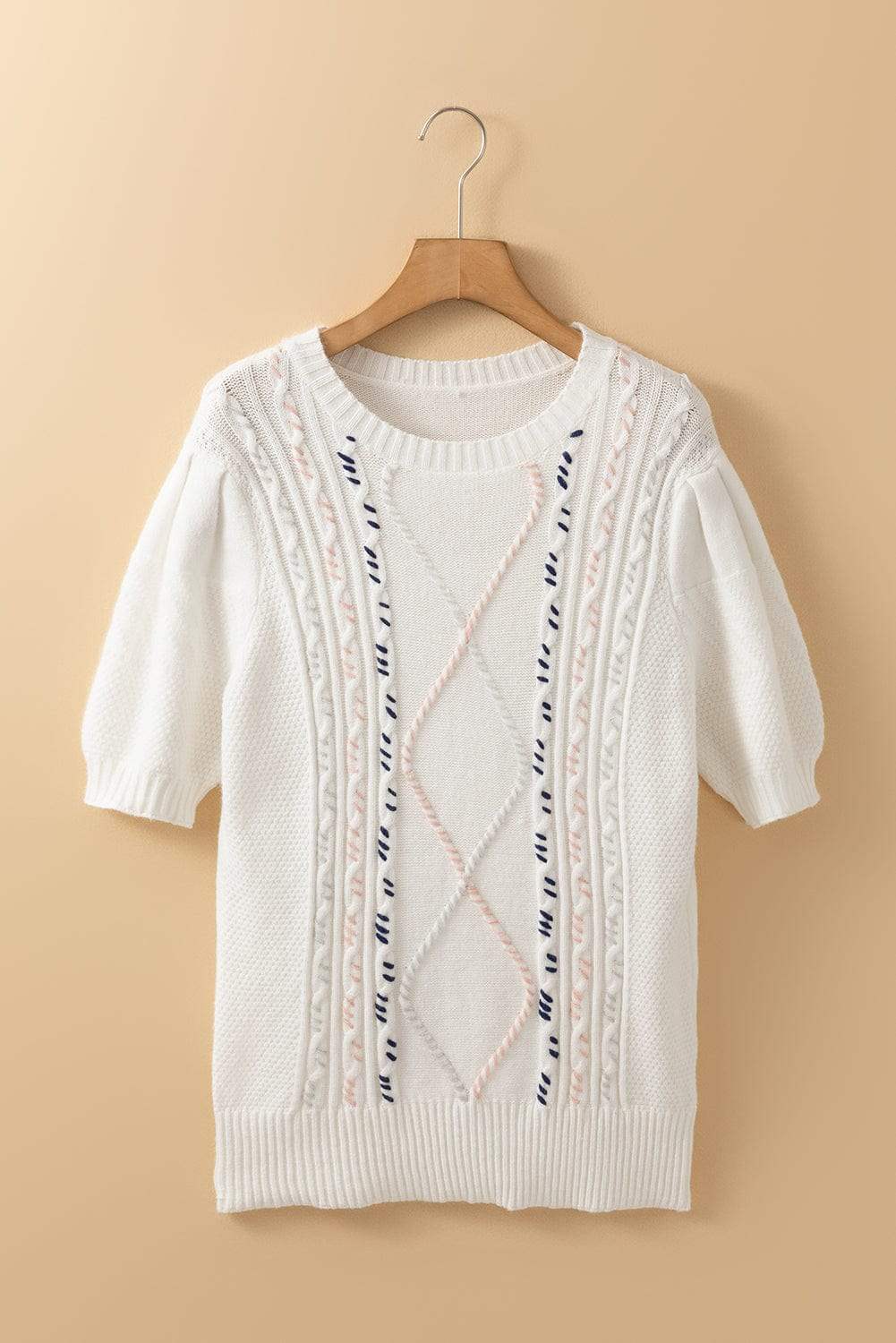 Cable Knit Round Neck Half Sleeve Sweater - Trendsi - Flyclothing LLC