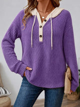 Full Size Drawstring Button Detail Hooded Sweater Plus Size - Trendsi - Flyclothing LLC