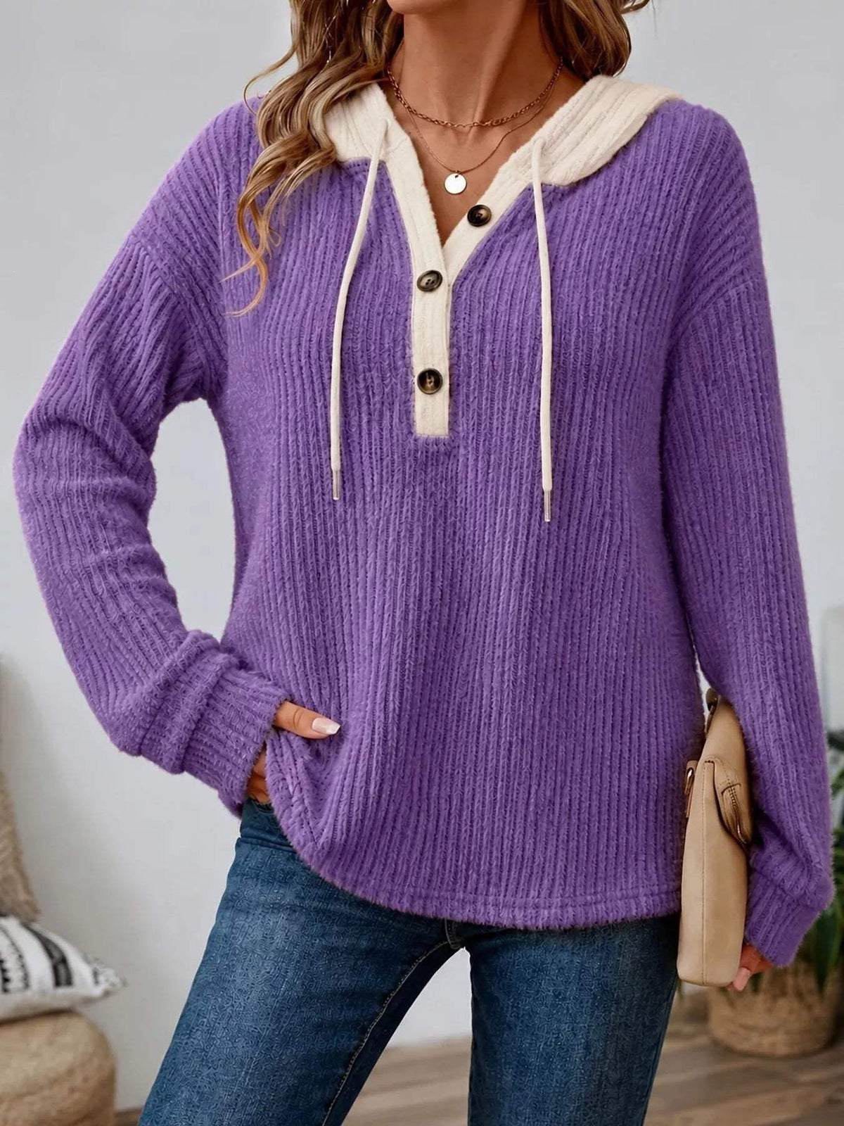 Full Size Drawstring Button Detail Hooded Sweater Plus Size - Trendsi - Flyclothing LLC