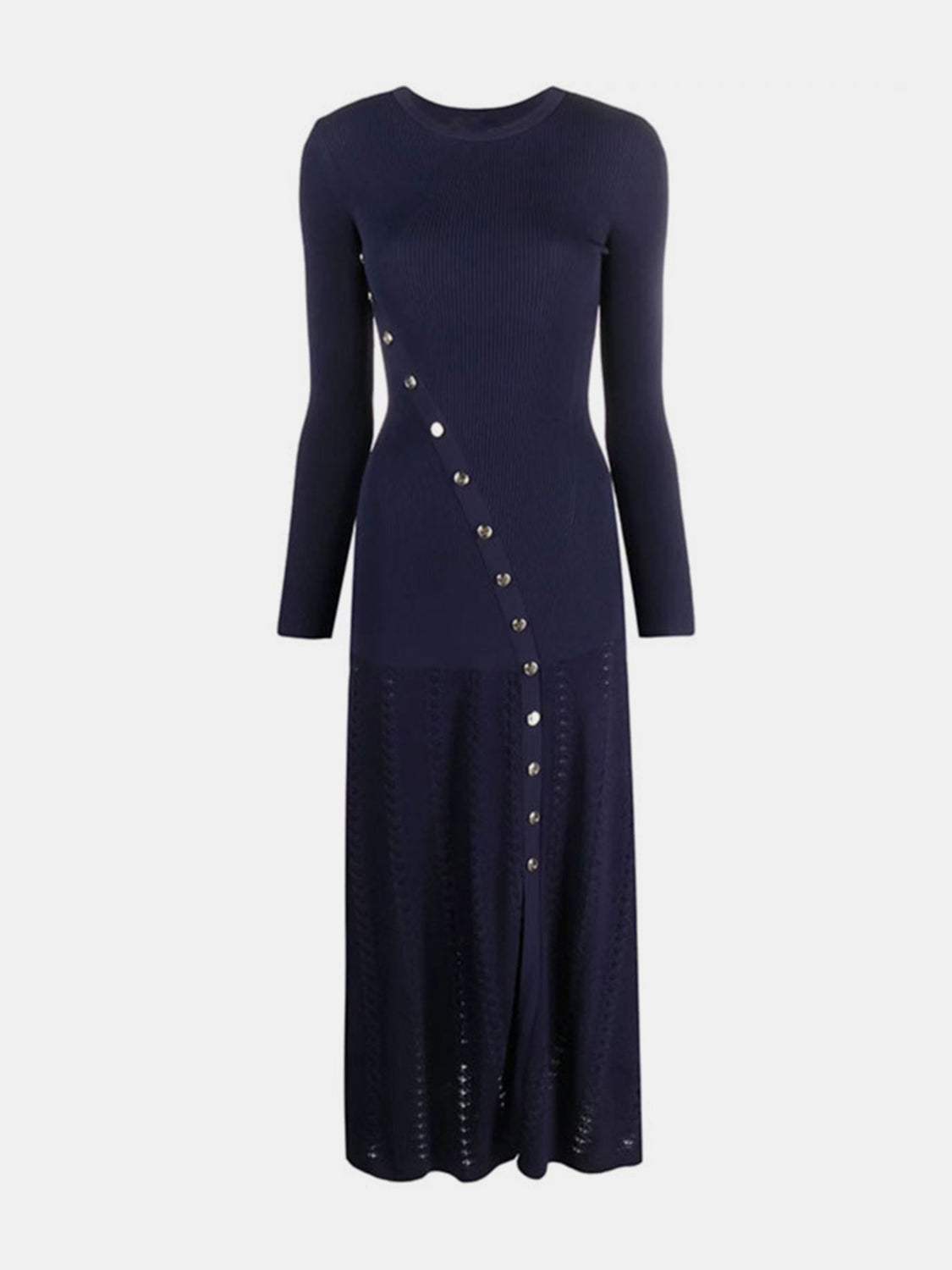 Openwork Round Neck Long Sleeve Sweater Dress - Trendsi - Flyclothing LLC