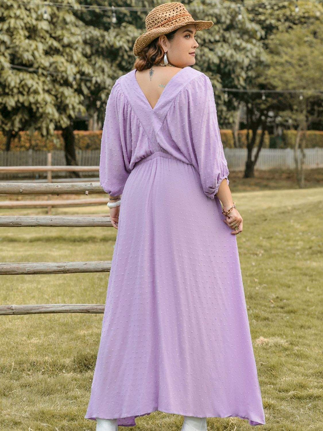 Plus Size Swiss Dot V-Neck Midi Dress - Trendsi - Flyclothing LLC