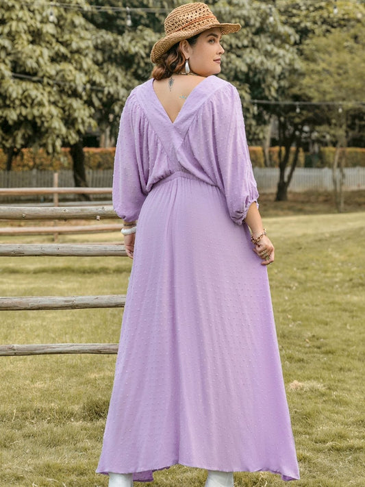 Plus Size Swiss Dot V-Neck Midi Dress - Trendsi