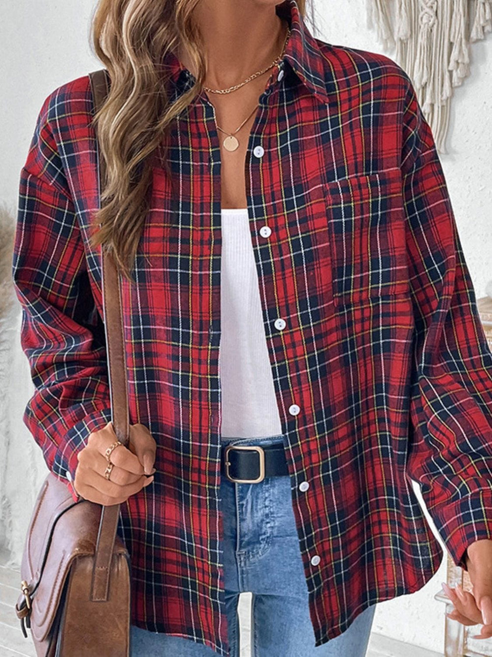 Perfee Plaid Button Up Long Sleeve Shirt - Trendsi