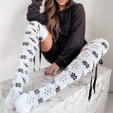 Christmas Element Bowknot Ribbed Trim Over Knee Stockings - Trendsi - Flyclothing LLC