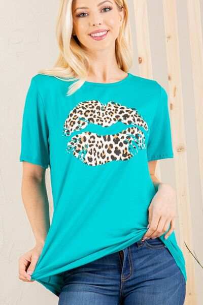 Heimish Full Size Leopard Lip Round Neck Short Sleeve T-Shirt Plus Size - Trendsi - Flyclothing LLC