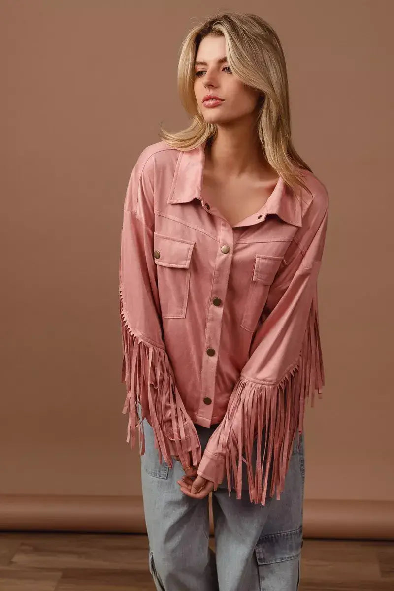 BiBi Suede Fringe Long Sleeve Jacket - Trendsi - Flyclothing LLC